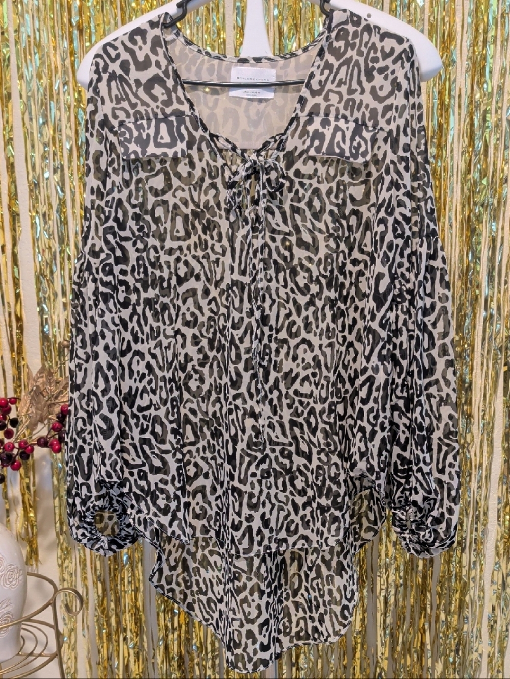 🔥Sheer Leopard Print Tie-Neck Blouse - Black & Cream